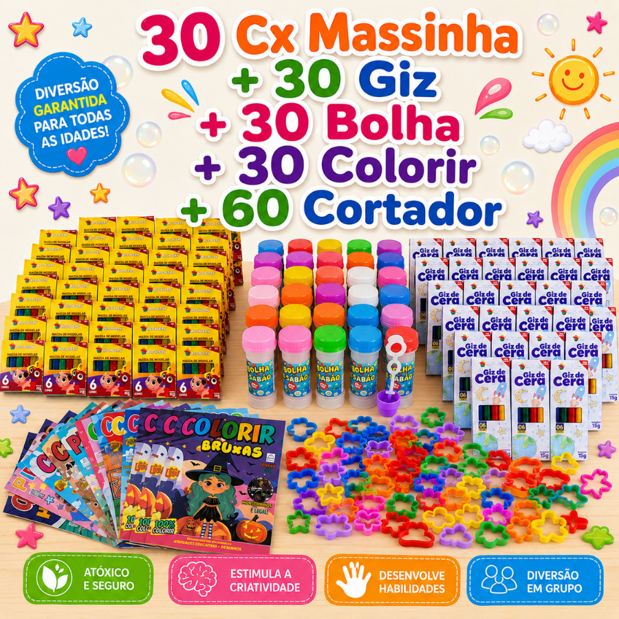 30 Cx Massinha Modelar 30 Bolha Sabão 30 Colorir 60 Cortador 30 Giz de Cera Lembrancinha