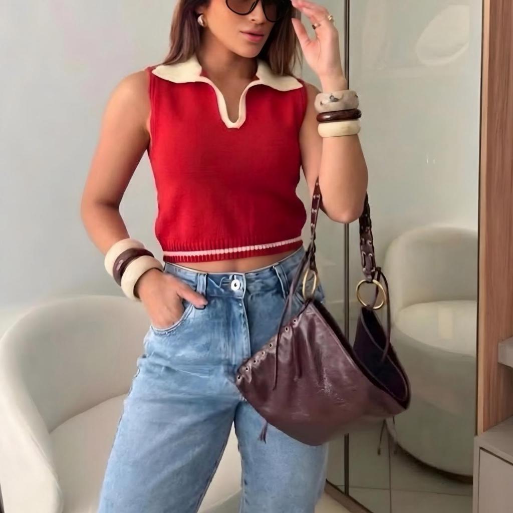 Blusa Cropped Gola Polo modal  Premium estilo Navy