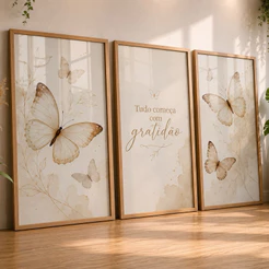 Quadros Decorativos Kit 3 Peças Borboletas Gratidão Bege Sala Quarto