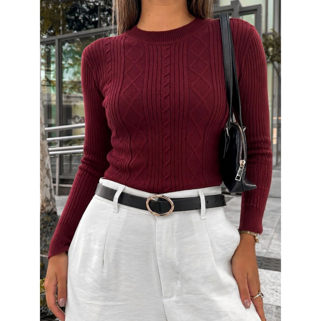 Blusa Cacharrel De Frio Feminina Tricot Modal Tranças Canelada Manga Longo Elegante Inverno Luxo