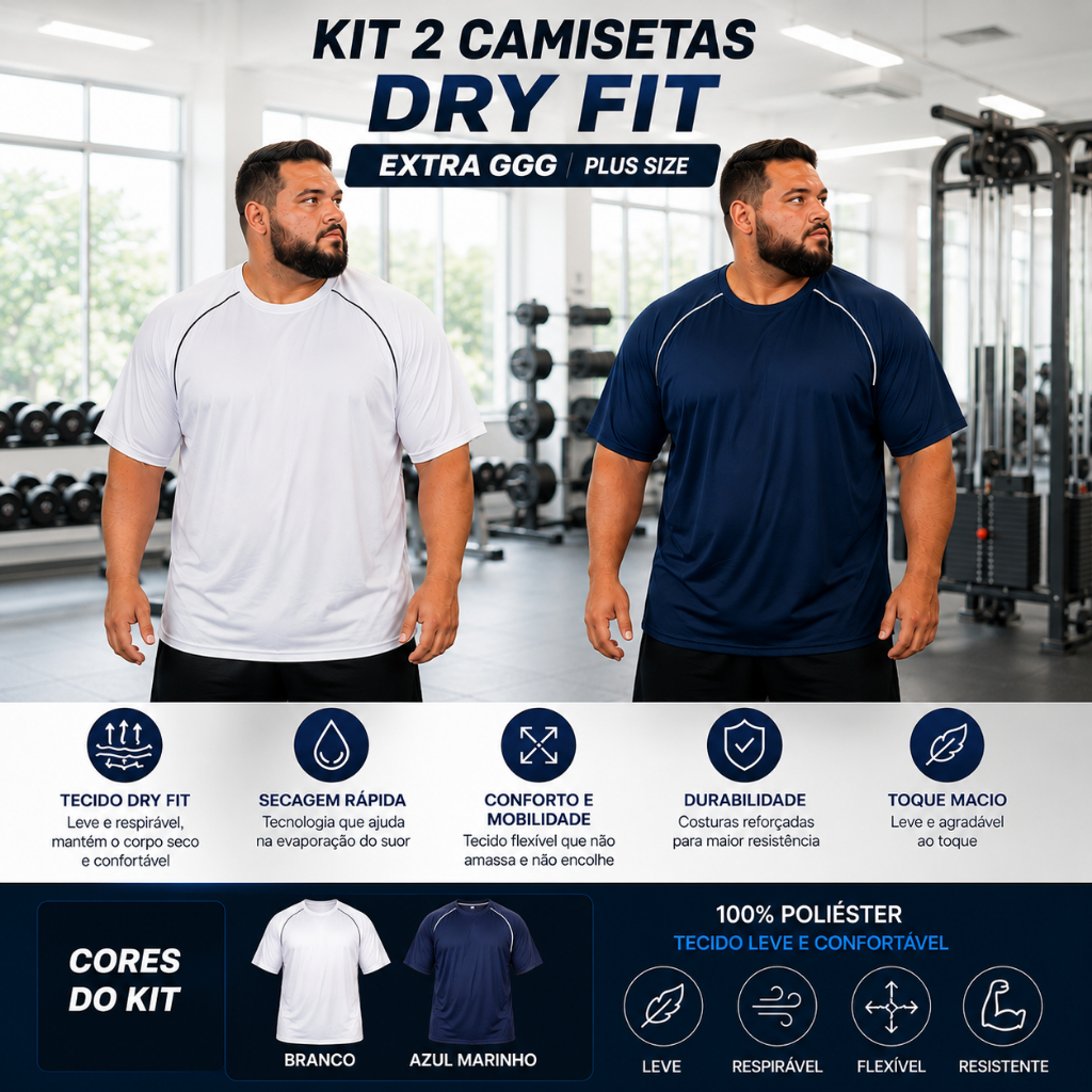 Kit2 Camisetas Camisas Tam Extra-Plus G1-G3 Dry Fit Lisa Basica Masculina  Casual - Academia - Esportes - Casual