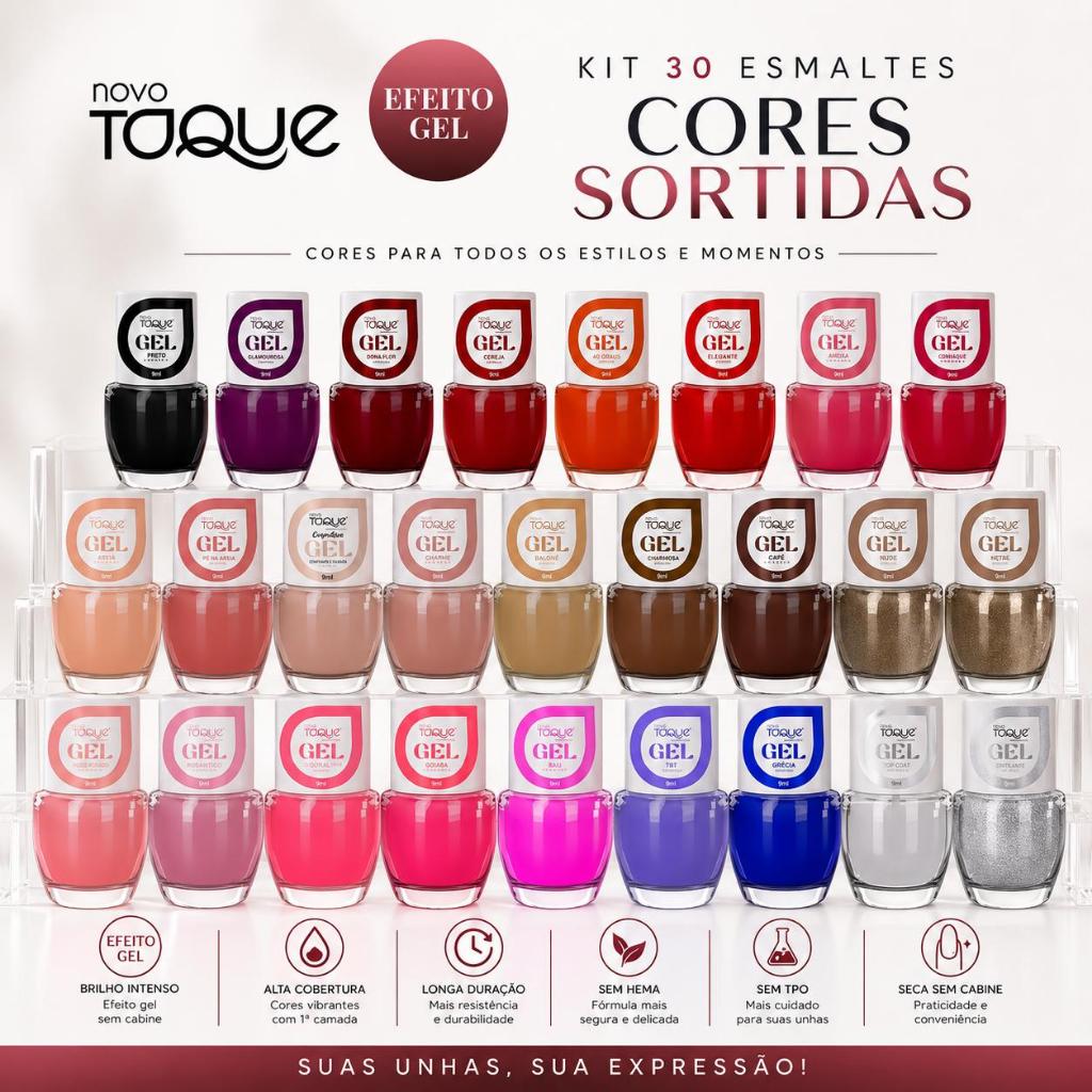 Esmalte Efeito Gel Novo Toque Kit 30 Cores Sortidas Seca Sem Cabine Manicure Pedicure Lançamento