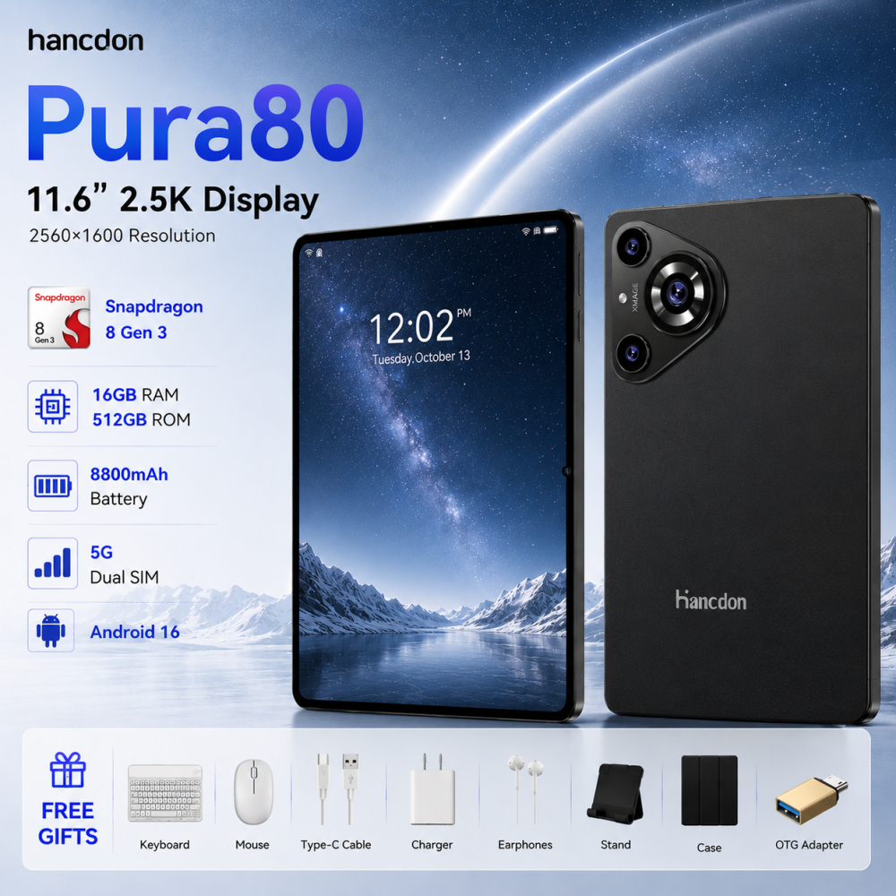 Hancdon Tablet Pura80 | 12GB+512GB | Android 16 | Tela FHD 11.6" | 8800mAh Snapdragon 8 Gen 3 4G/ 5GLTE