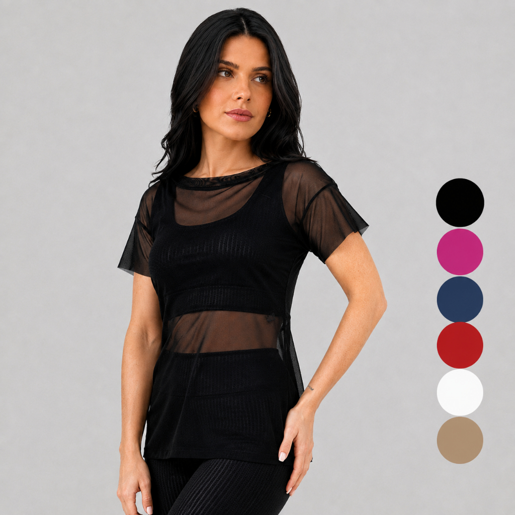 Blusa Feminina de Tule Academia Manga Curta Transparente Comprida Fitness