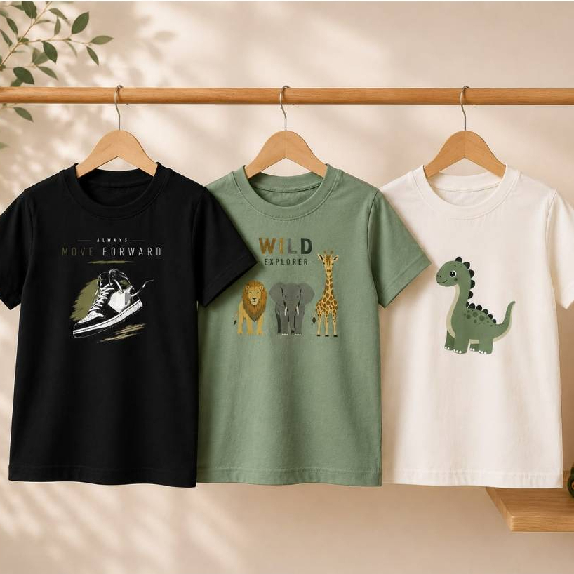 Kit Camiseta Infantil Menino Estampada100% Algodão | Blusa Kids Masculina Dinossauro/ Tênis/ Safari