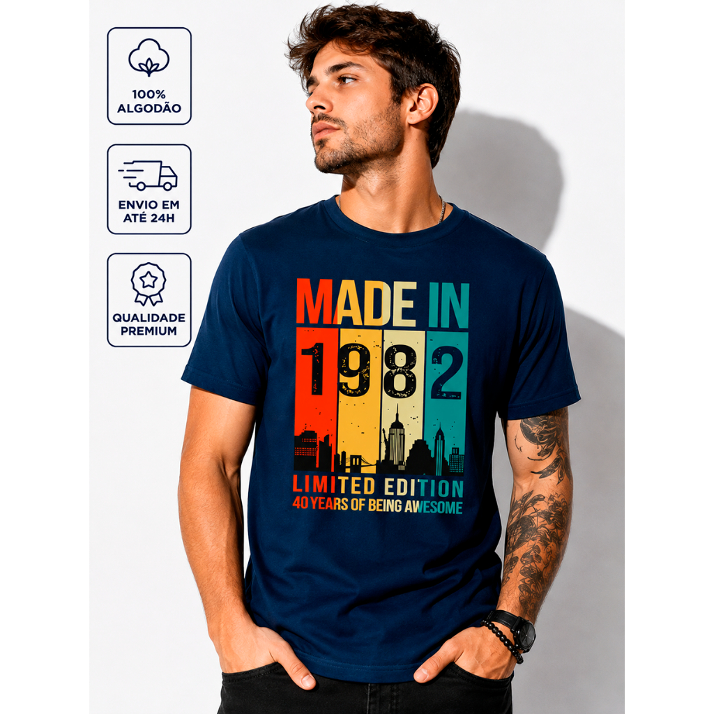 Camiseta Masculina 1982 Limited Edition 40 Anos 100% Algodão Estampa DTF Premium