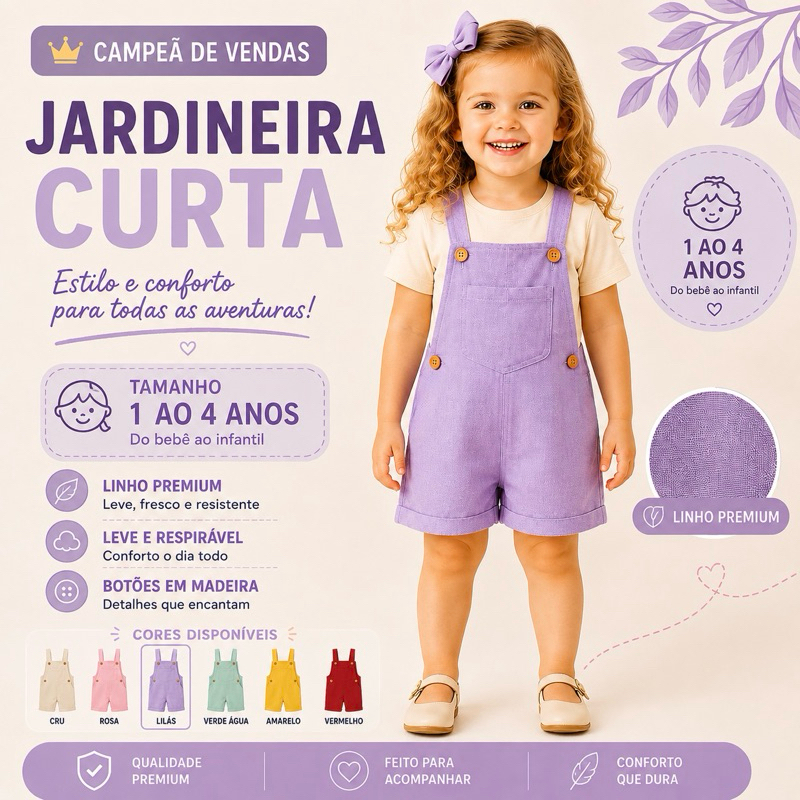 Jardineira curta Infantil Menina / Menino Macacão Linho Premium Confortável