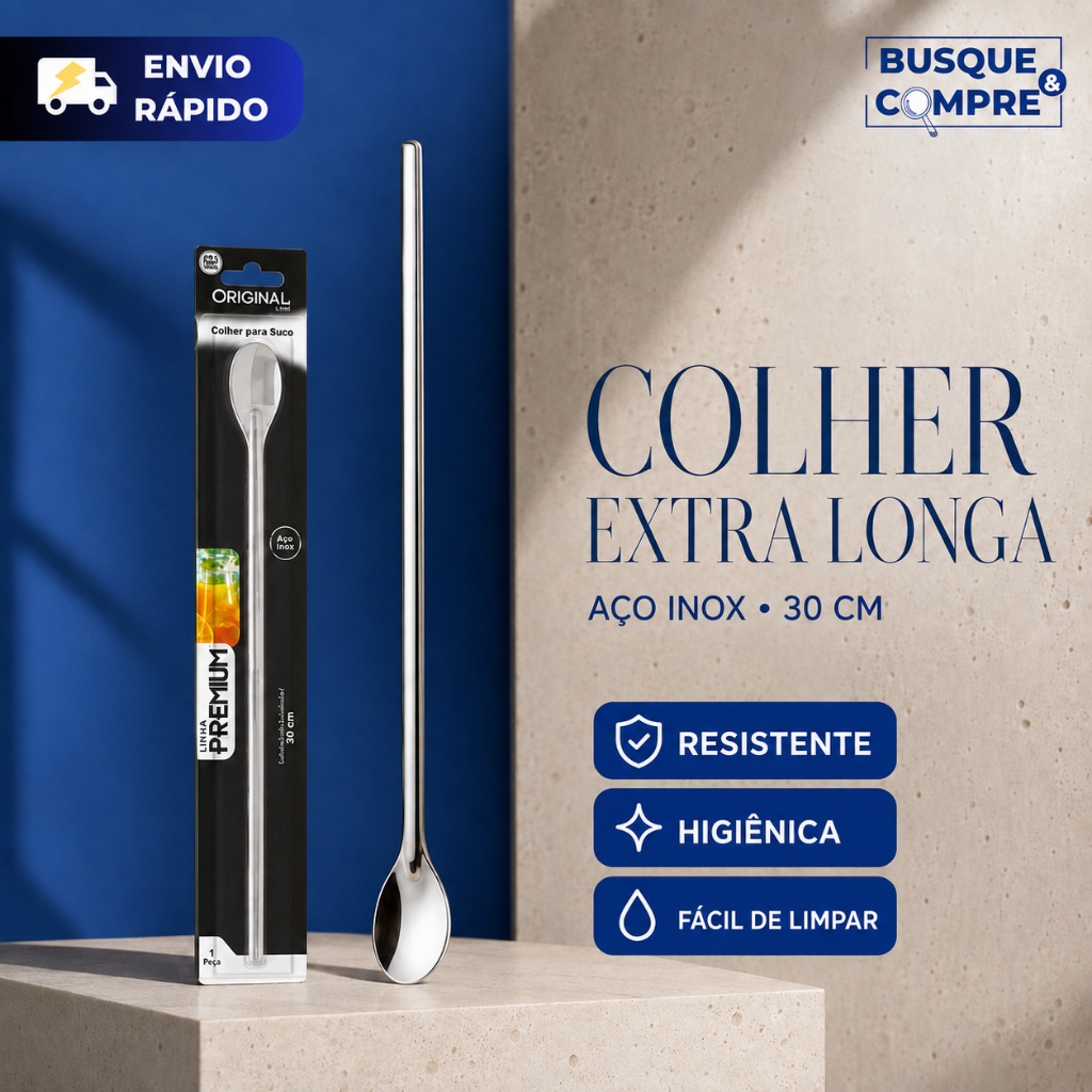 Colher Grande de 30cm para Sucos Drinks Milkshakes Bebidas de Aço Inox para Cozinha para Suco Drink
