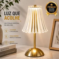 Luminária Sem Fio Recarregável LED Touch 3 Tons Abajur Dourado para Mesa Cabeceira Quarto 30cm