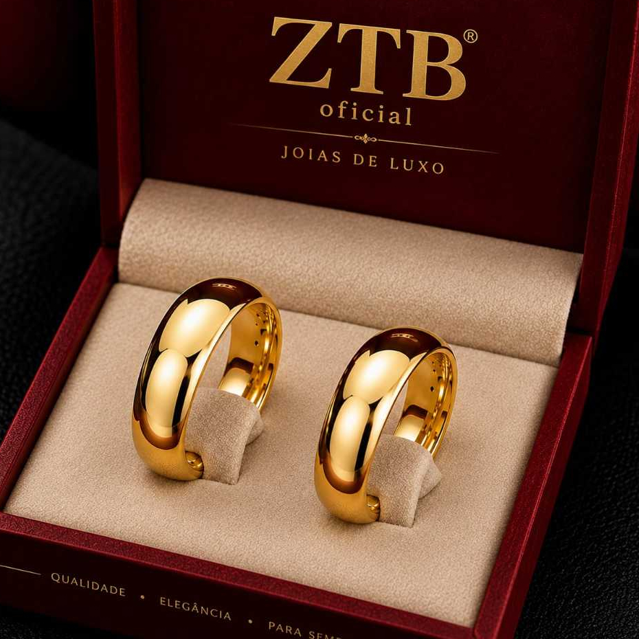 Alianças de Casamento 18K Banhadas a Ouro Par Tradicional 6mm com Estojo