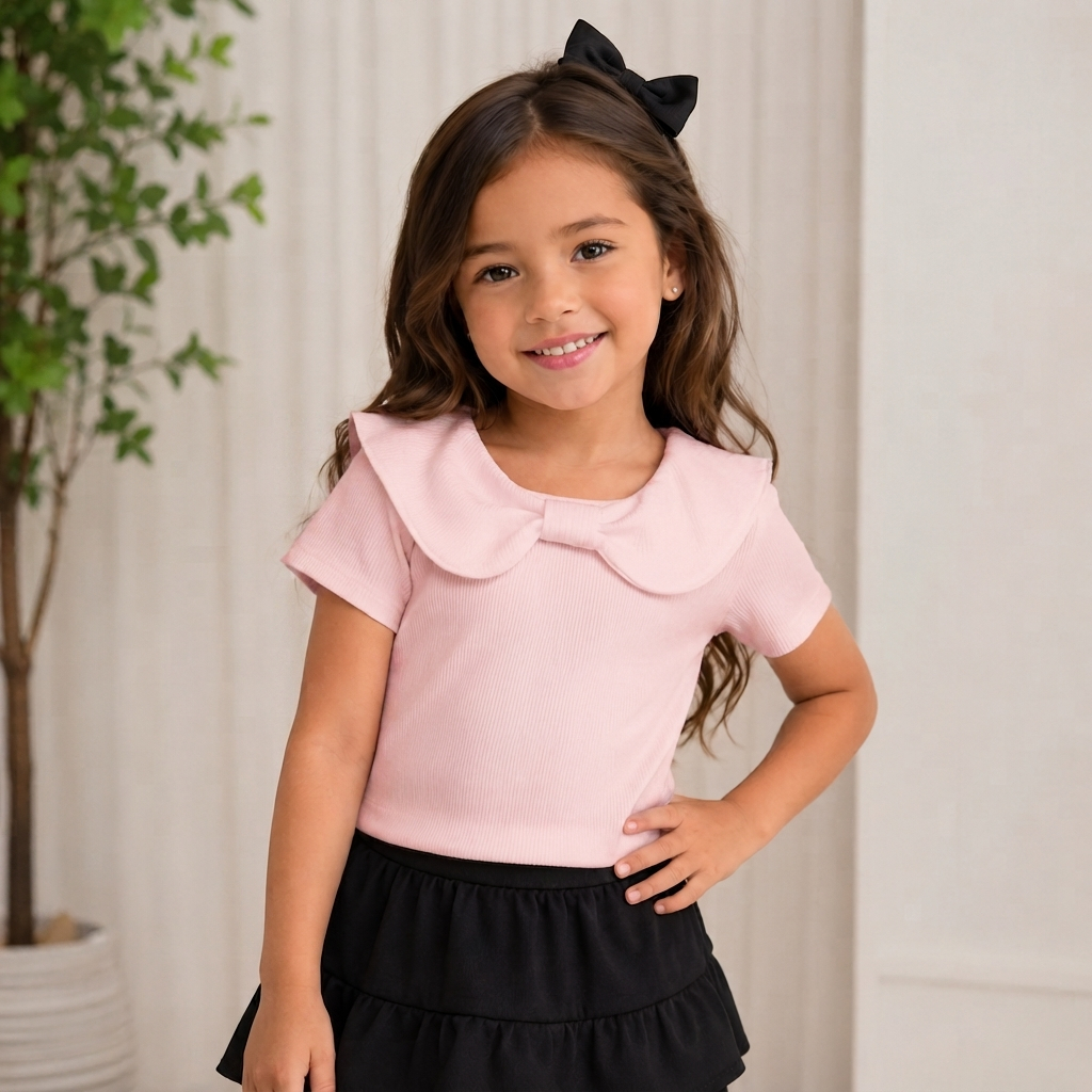 Blusa Infantil Gola Laço manga curta Infantil Menina Roupa verano Confortável Estilosa de 4ao 12 anos Novidade 2026