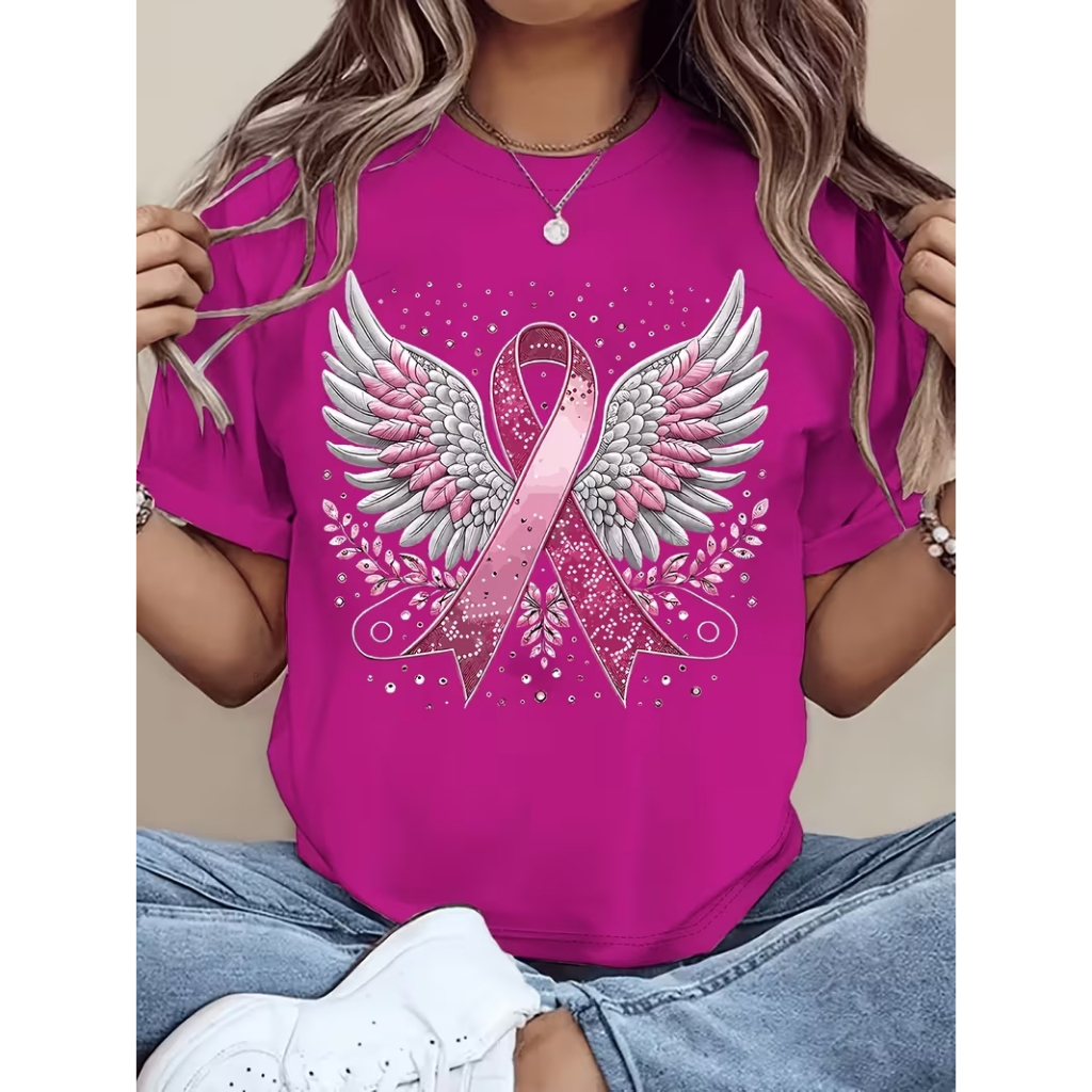 Camiseta Feminina Outubro Rosa Asas Laço Rosa Campanha Algodão Premium — imagem 2 de 2