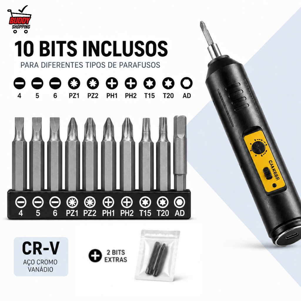 Parafusadeira Elétrica Recarregável USB-C Sem Fio com 10 Bits + 2 Bits Extras para Reparos