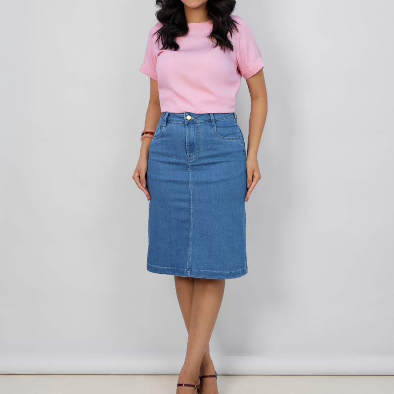 Saia Jeans Feminina Evangelica Midi Cos Alto Com Elastano Igreja Mulher Básica Tradicional Elegante