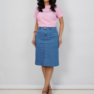 Saia Jeans Feminina Evangelica Midi Cos Alto Com Elastano Igreja Mulher Básica Tradicional Elegante