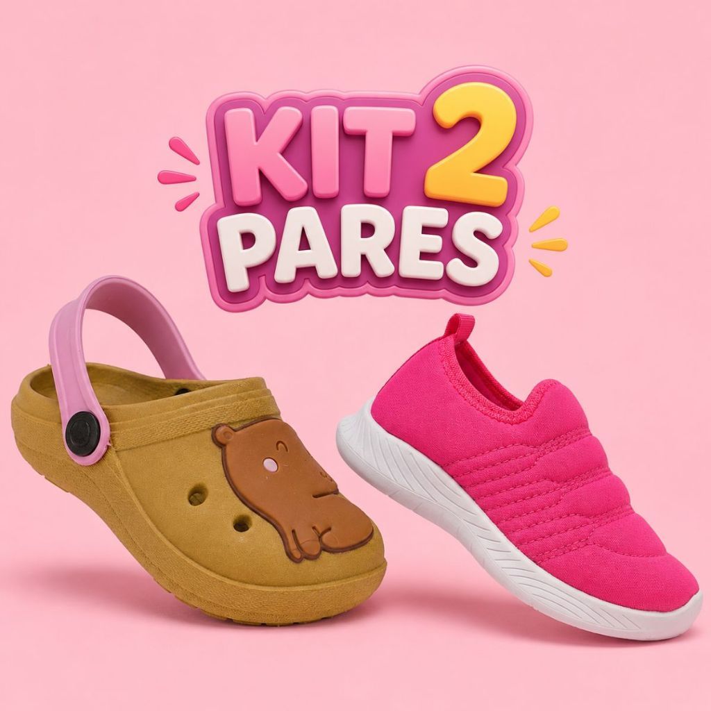 Kit Tênis Infantil Menina Calce Fácil Escolar + Sandália Babuche Infantil Feminino Macia E Leve