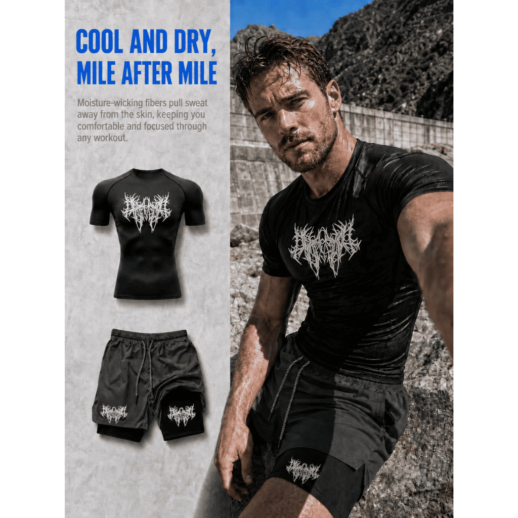 kit camiseta compressão e short 2 em 1 Estampa Gráfica Gotica Spiky Graffiti masculino academia treino gym fitness