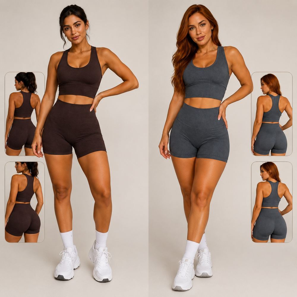 Conjunto Academia Feminino Top e Short Cintura Alta Fitness Sem Costura Modelador Treino