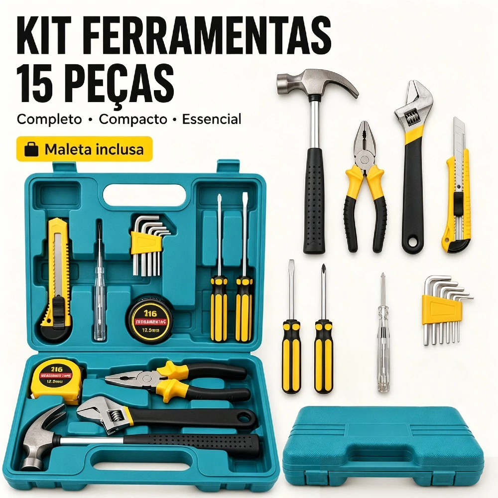 Kit 15 Peças Ferramentas com Maleta - Itens Essenciais para Reparos em Casa e Oficina