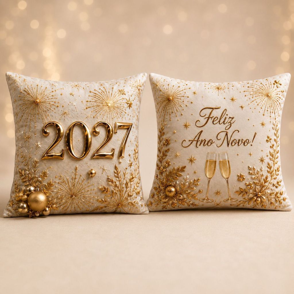 Kit 02 Capas de Almofadas Feliz Ano Novo 2027 45cm Estampada Decoração Sala