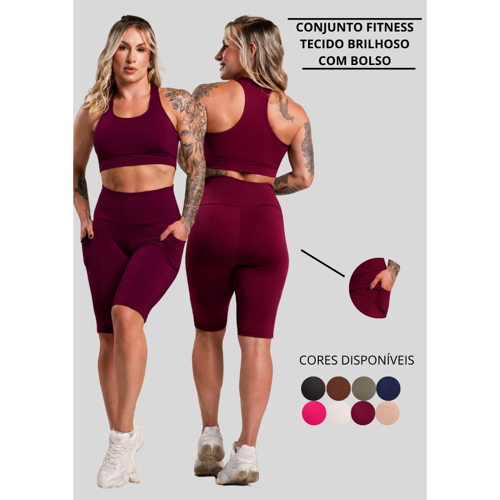 Conjunto Fitness Feminino Brilhoso Academia Top Nadador Liso e Bermuda Ciclista Bolso Cintura Alta ZERO TRANSPARÊNCIA