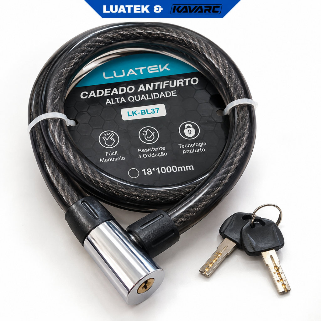 Cadeado para Bicicleta Cabo de Aço Antifurto 1m 18mm com 2 Chaves Revestido Flexível LUATEK LK-BL37