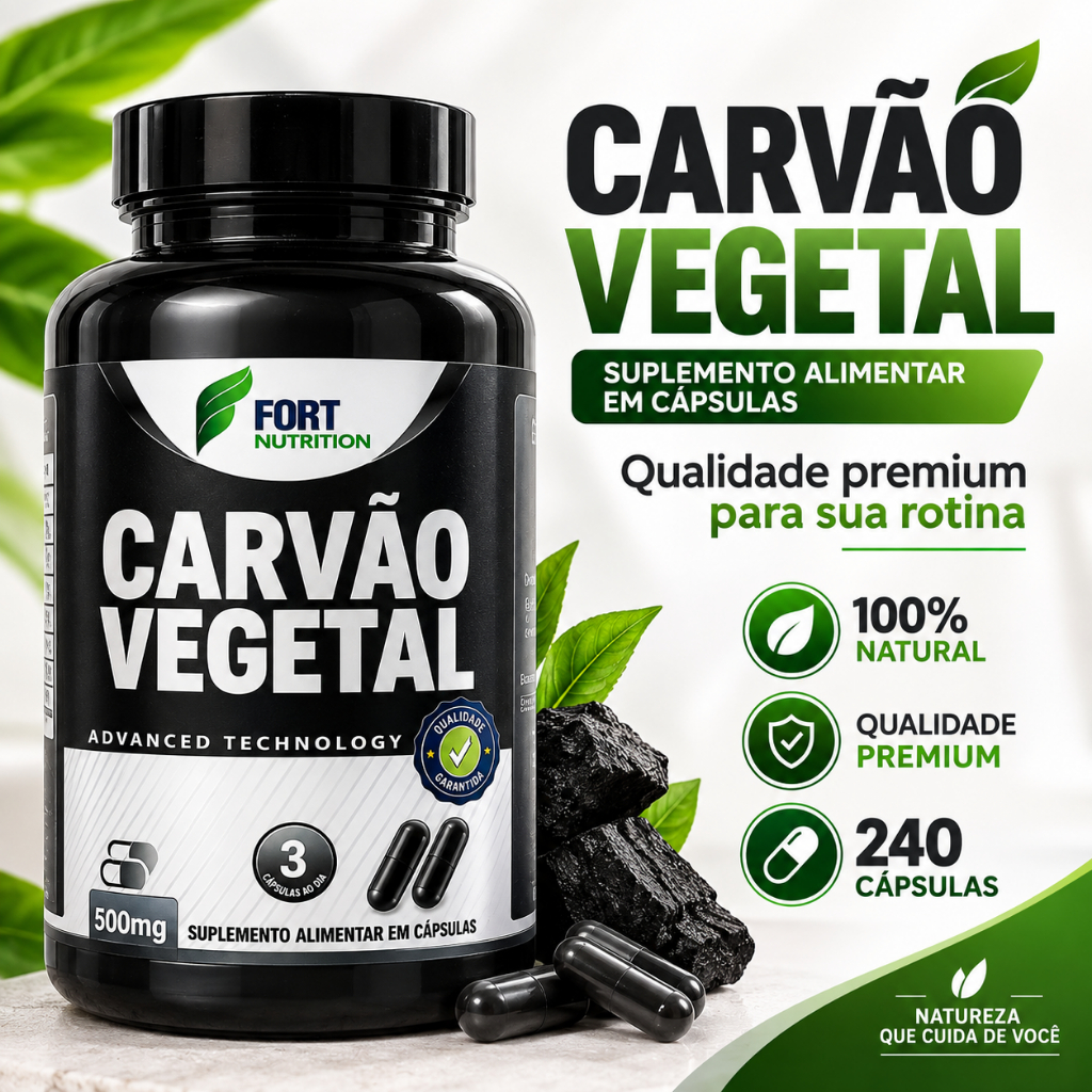 Carvão Vegetal Ativado 120 Cápsulas Auxilia na Digestão Gases Bem-Estar Intestinal Redução de Gases