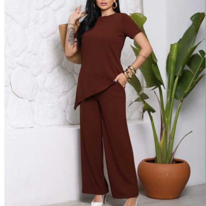 conjunto feminino assimétrico blusa e com calca pantalona elegante, conforto atemporal