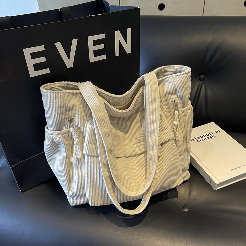 Bolsa Feminina Tote Veludo Cotelê Grande Capacidade Casual Ombro