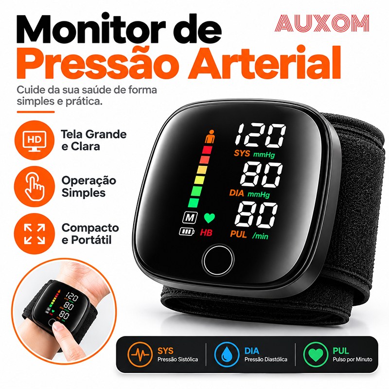 Aparelho de Pressão Digital de Pulso Portátil Recarregável com APP, Wi-Fi, Voz e Tela Colorida
