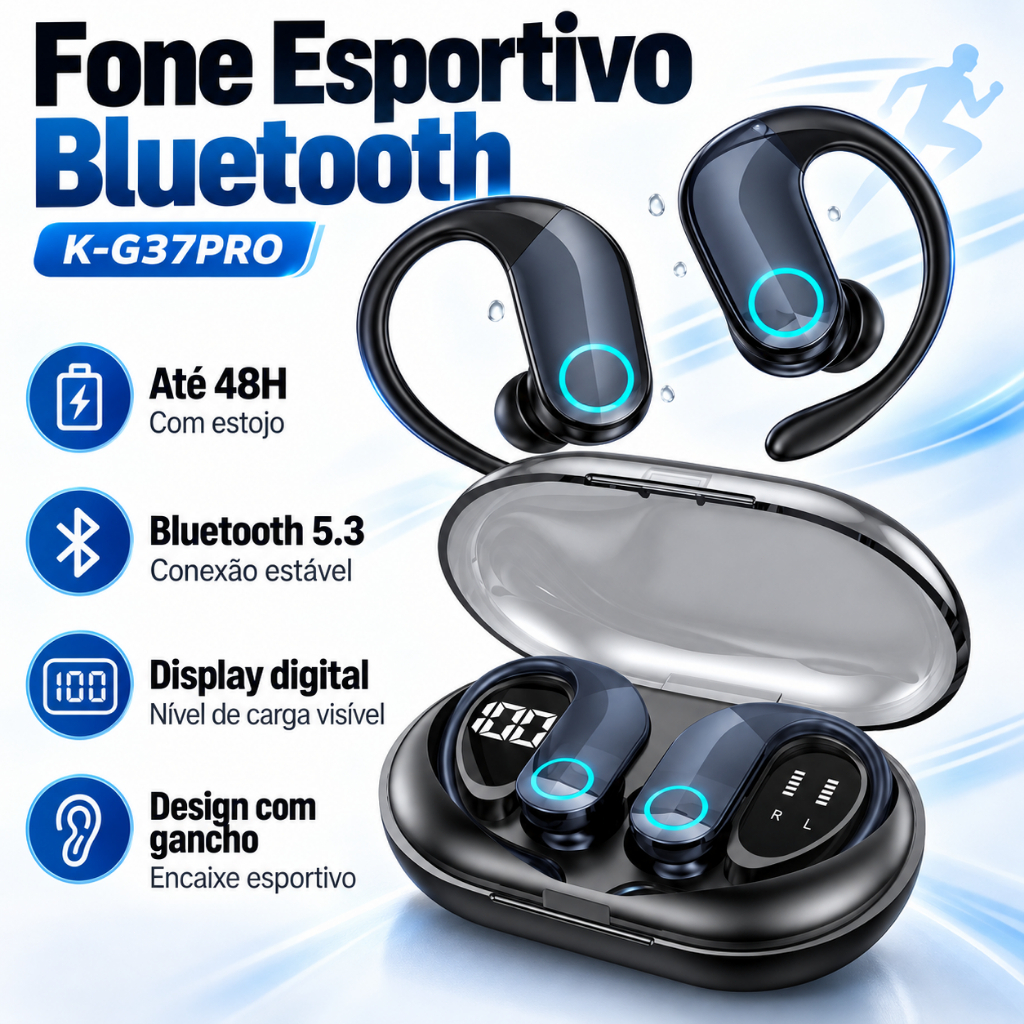 Fone Bluetooth Esportivo G37 com Gancho Base de Carga LED Grave Potente e Toque Inteligente