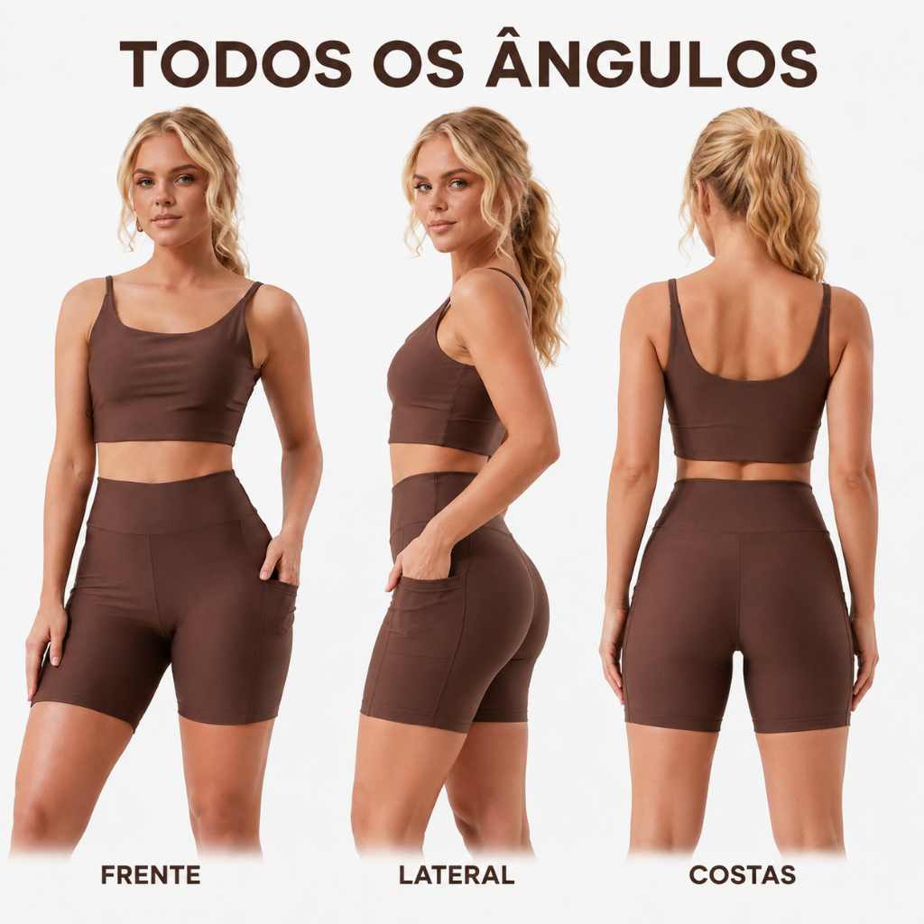 Conjunto Fitness Short Cós Alto Com Bolsos + Top Alça Suplex Blackout