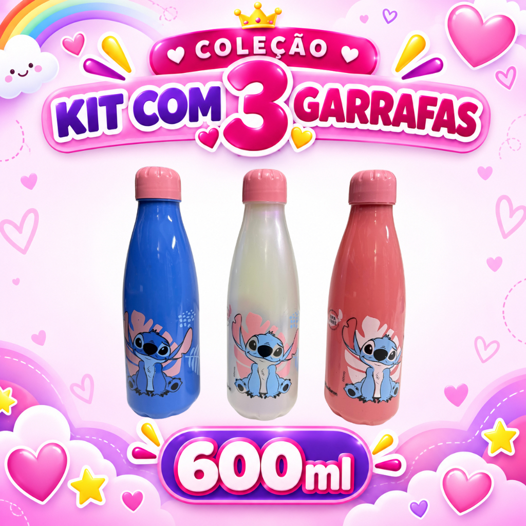 Kit 3, 2 ou 1 Unidade – Garrafa Stitch 600ml Infantil com Tampa – Azul, Rosa e Pérola