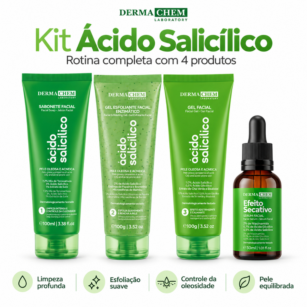 Ácido Salicílico Dermachem Anti-Oleosidade Kit com 3 Produtos | Sabonete, Gel Facial e Sérum Secativo Esse título desta
