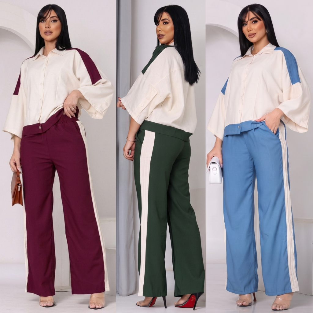 Conjunto Feminino Sensorial Elegante Manga Curta 3/4 de Botões Calça Wide Leg Duas Peças Moda Social Trabalho Casual