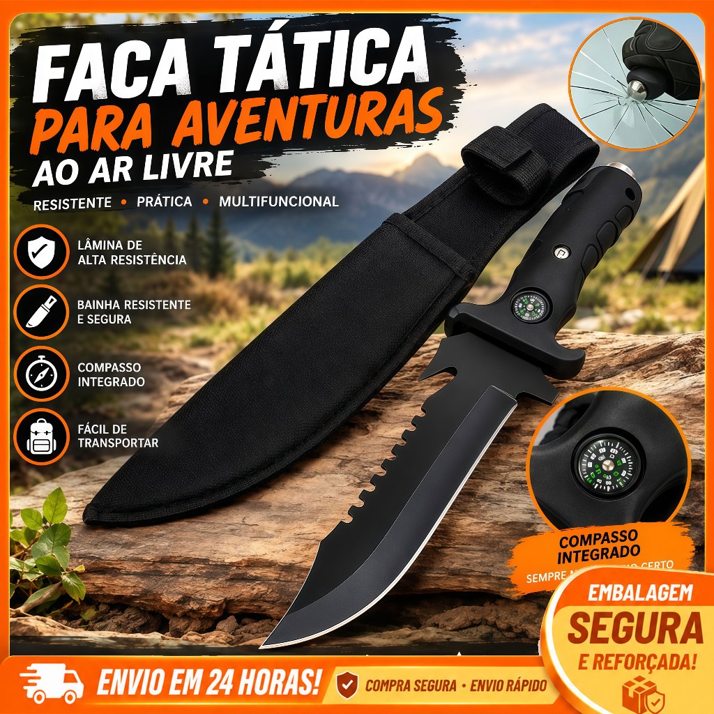 Faca Tática para Camping e Atividades ao Ar Livre com Lâmina Resistente, Serra Integrada, Bússola e Bainha Protetora