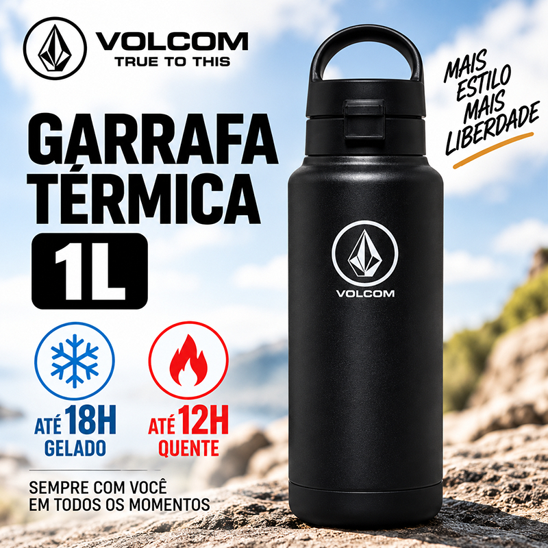 Garrafa Térmica Volcom 1L Aço Inox Inoxidável Quente e Frio Esportiva com Canudo Preta