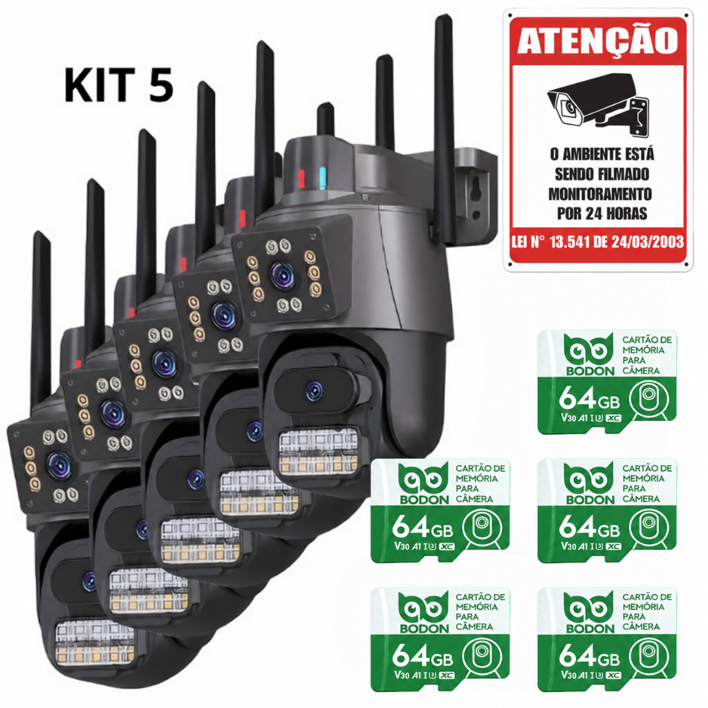 Kit 5 Câmeras de Segurança Dupla Wifi a Prova D'agua Dupla Com Led Visão Noturna Sensor de Movimento
