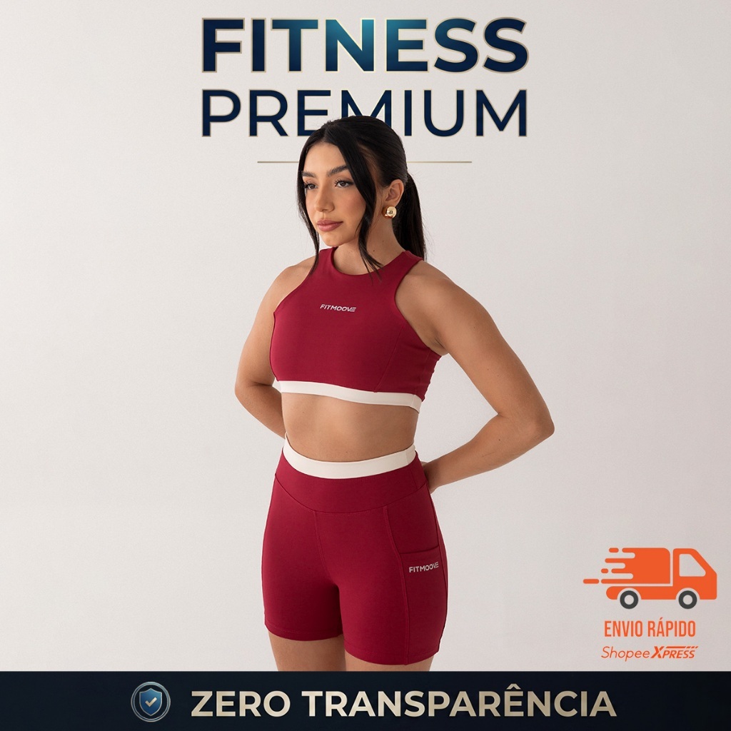 Conjunto Fitness Feminino Short e Cropped | Poliamida Premium | Alta Compressão | Zero Transparência | Corrida | Bolso
