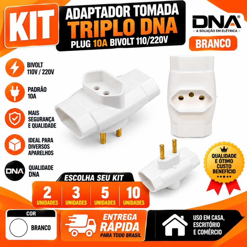 Kit Adaptador Tomada Triplo DNA Plug 10a Bivolt 110/220v Branco