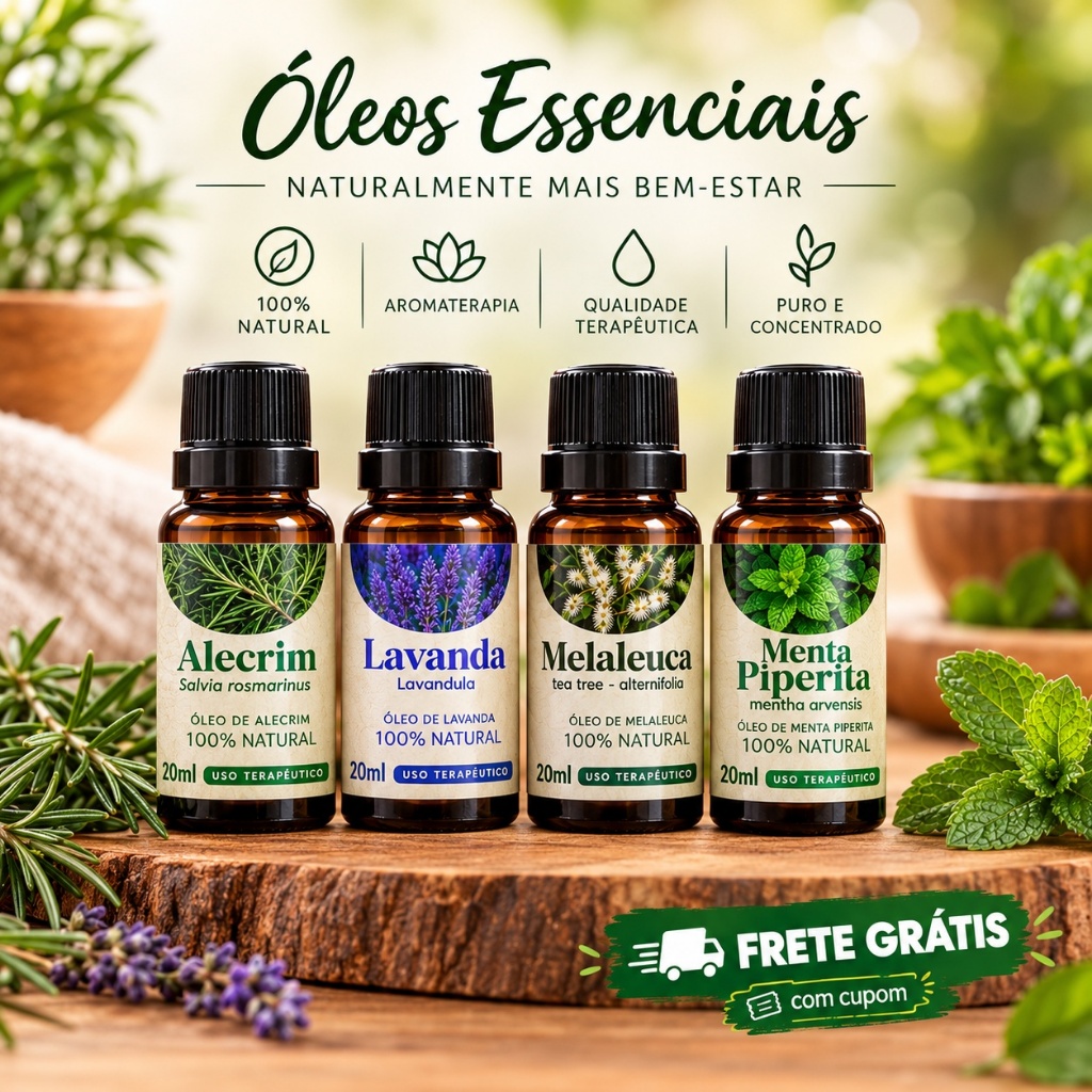 Kit 4 Óleos Naturais 20ml Lavanda, Melaleuca, Alecrim, Menta Piperita