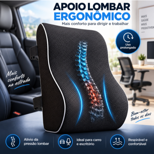 Almofada Lombar Memory Foam para Carro e Escritório, Encosto Ergonômico para Cadeira com Apoio Lombar
