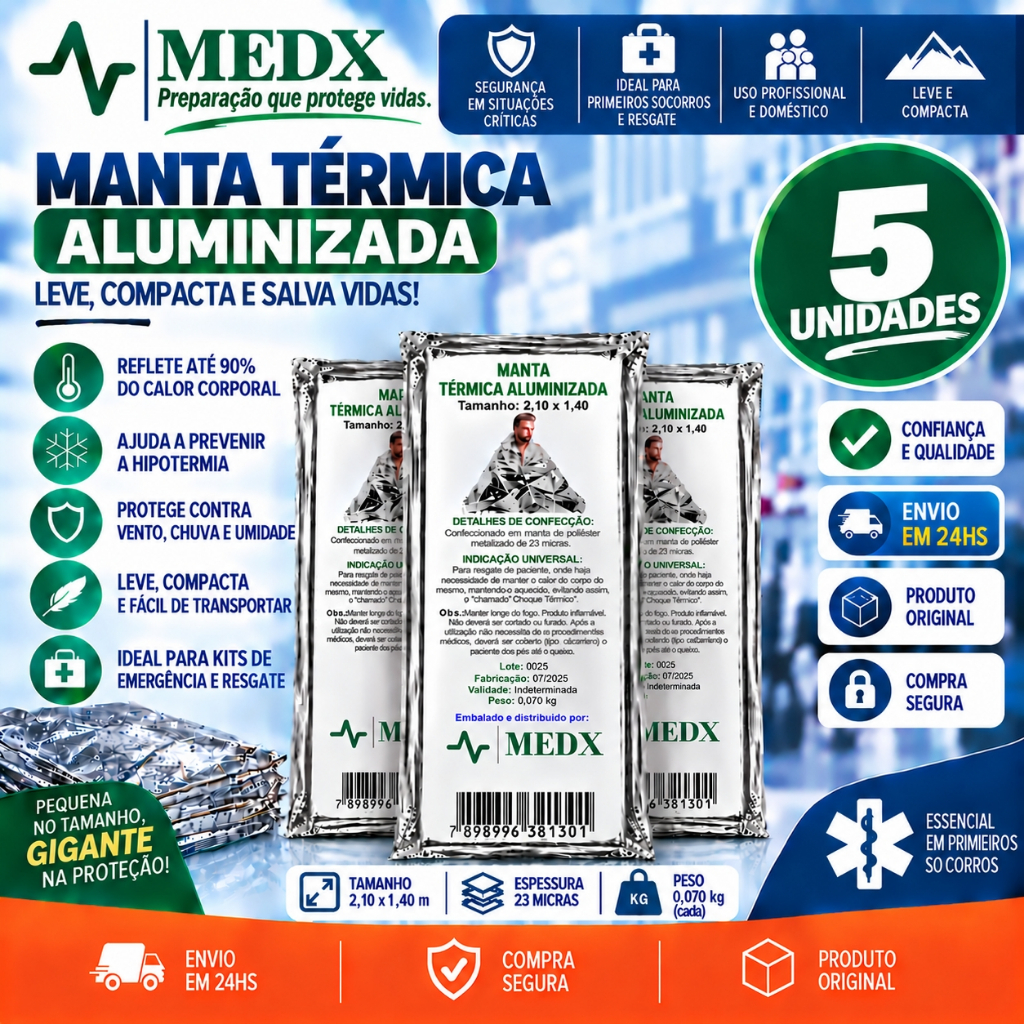 Cobertor Manta Térmica Aluminizado Para Resgate, Emergência e Camping - KIT Com 5 unidades
