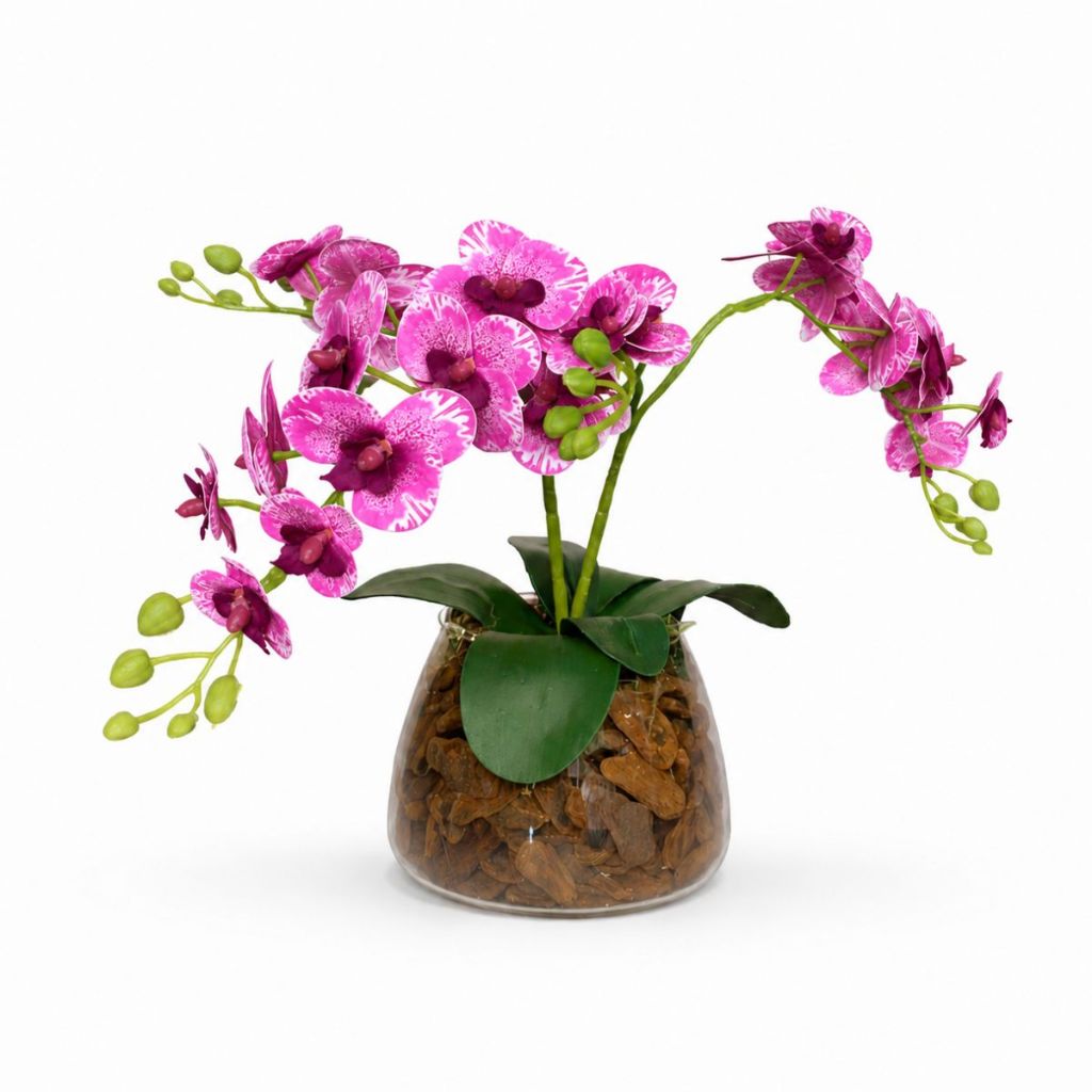 Arranjo Orquídea Artificial 3D com 2 Hastes no Vaso de Vidro Incolor – Decoração Elegante