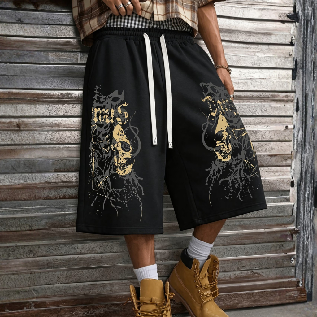 Bermudão Baggy Masculino Estampado Caveira Streetwear Oversized Moletom Estilosa