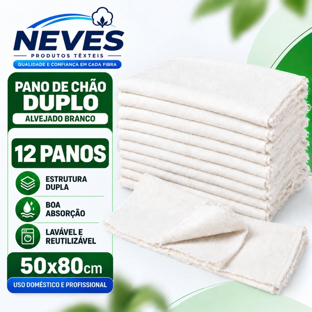 Pano De Chão Extra Grande 50x80cm Fechado 100x80cm Aberto Neves Kit Com 12un