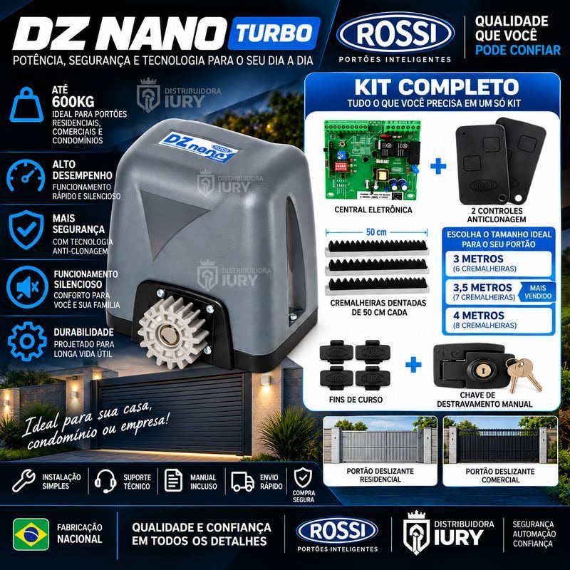 Kit Motor Portão Deslizante Completo Rossi 1/4 Dz Nano Turbo 600kg Com Cremalheira