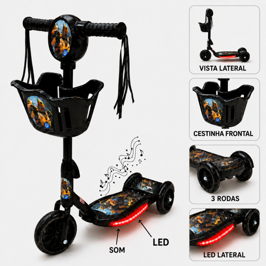 Patinete Infantil Transformers Preto 3 Rodas e Freio Com Luz LED Som Musical Cestinha Brinquedo Menino Criança