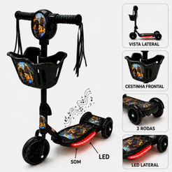 Patinete Infantil Transformers Preto 3 Rodas e Freio Com Luz LED Som Musical Cestinha Brinquedo Menino Criança