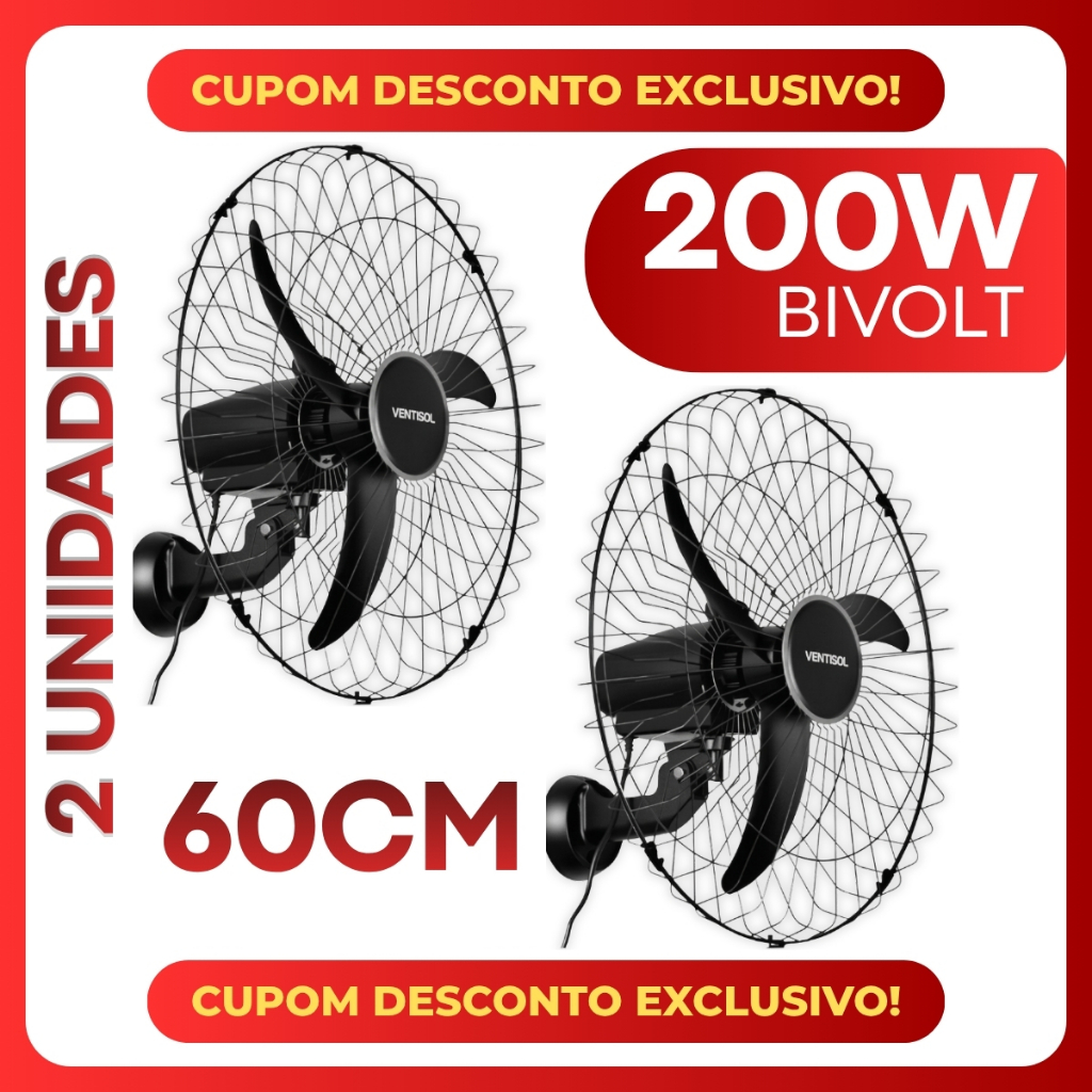 Kit 2 Ventilador de Parede Ventisol 60cm Preto Bivolt 200w Potente Industrial Academia Escola Loja
